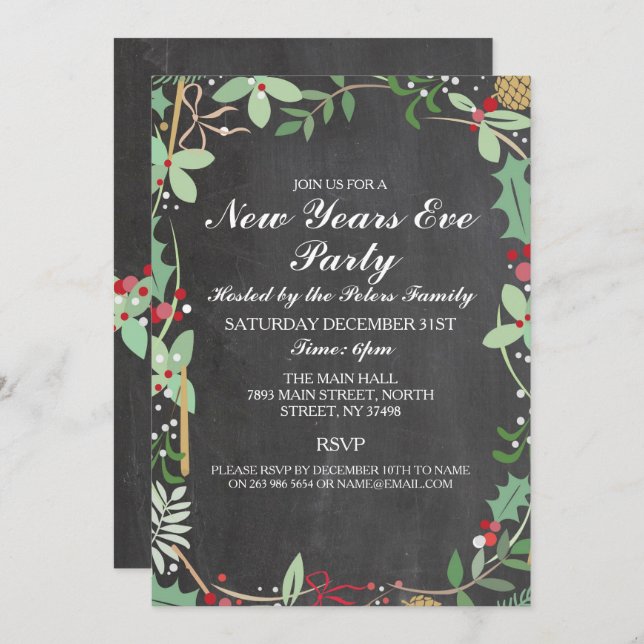 Rustic Winter Chalk Berry New Years Day Eve Invite (Front/Back)