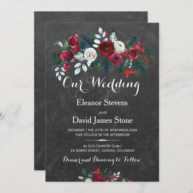 Rustic winter chalkboard burgundy floral wedding invitation (Front/Back)