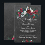 Rustic winter chalkboard burgundy floral wedding invitation<br><div class="desc">Floral bouquet of red burgundy and white peony roses with pine green fir branches and foliage wedding invitation template on a dark grey charcoal chalkboard background with a fancy modern contemporary changeable script text.  -------- The invitation is ideal for winter floral / Christmas weddings.</div>