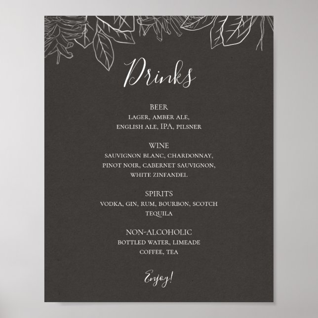 Rustic Winter | Charcoal Wedding Drinks Menu Sign (Front)