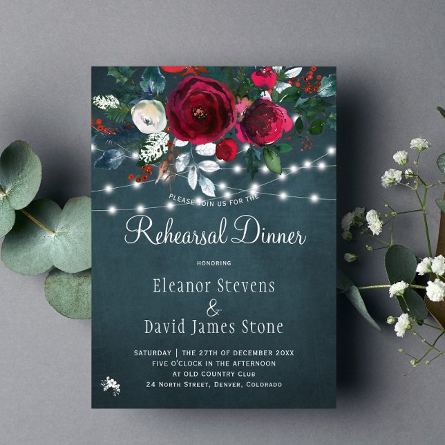 Rustic winter chic floral wedding rehearsal dinner invitation (Creator Uploaded)