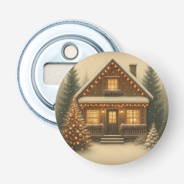 Rustic, winter/Christmas cabin Bottle Opener (Front)
