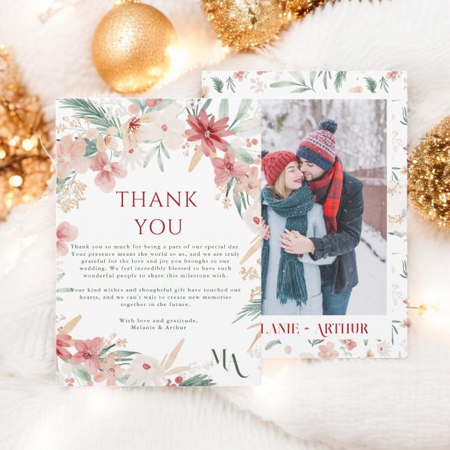Rustic Winter Christmas Floral Photo Wedding Thank You Card (Rustic Winter Christmas Floral Photo Wedding Thank You Card)
