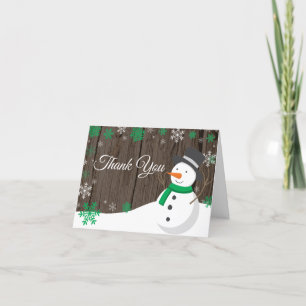 Rustic Winter Christmas Green Snowman Thank You Card