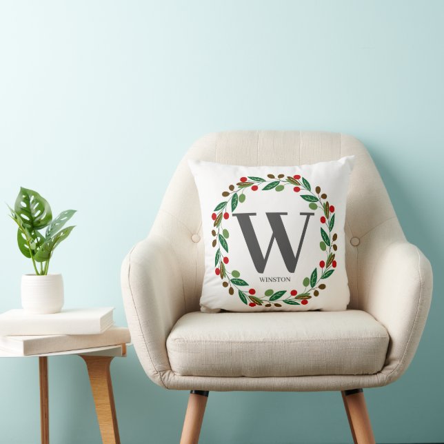 Rustic Winter Christmas Monogram Initial Wreath Cushion (Chair)
