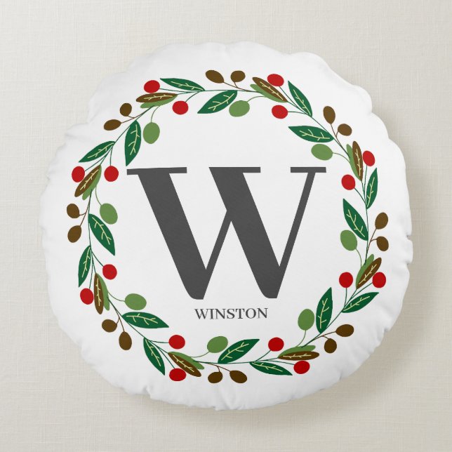 Rustic Winter Christmas Monogram Initial Wreath Round Cushion (Front)