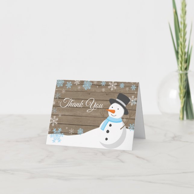Rustic Winter Christmas Snowman Blue Thank You Card (Front)