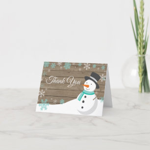 Rustic Winter Christmas Snowman Teal Thank You Card