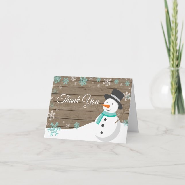 Rustic Winter Christmas Snowman Teal Thank You Card (Front)