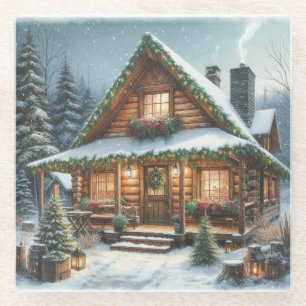 Rustic Winter/Christmas snowy cabin Glass Coaster