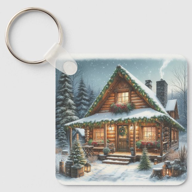 Rustic Winter/Christmas snowy cabin Key Ring (Front)