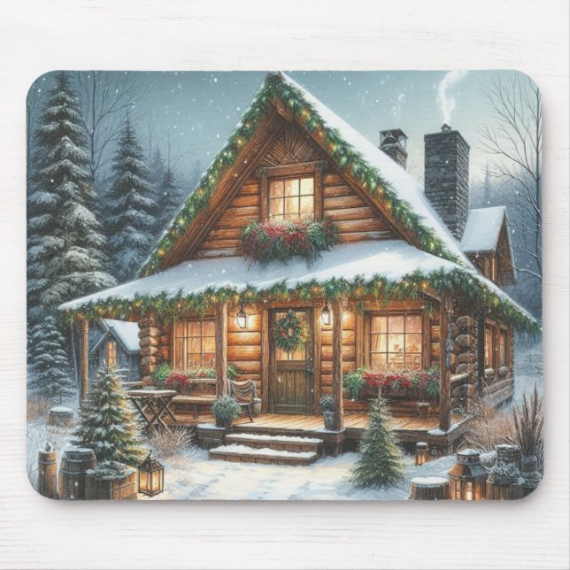 Rustic Winter/Christmas snowy cabin Mouse Pad (Front)