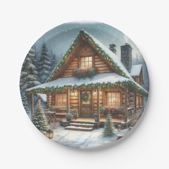 Rustic Winter/Christmas snowy cabin Paper Plate (Front)