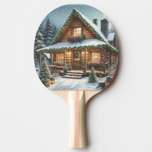 Rustic Winter/Christmas snowy cabin Ping Pong Paddle