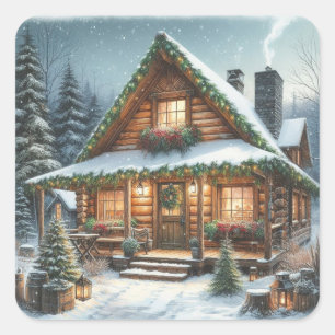Rustic Winter/Christmas snowy cabin Square Sticker