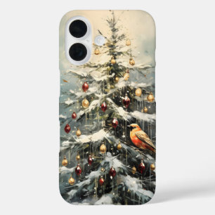 Rustic Winter Christmas Tree Snowy Red Birds iPhone 16 Case
