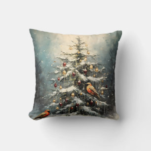 Rustic Winter Christmas Tree Snowy Red Birds Cushion