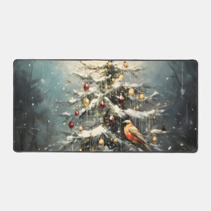 Rustic Winter Christmas Tree Snowy Red Birds Desk Mat