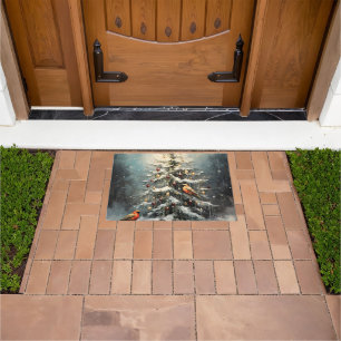 Rustic Winter Christmas Tree Snowy Red Birds Doormat