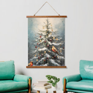 Rustic Winter Christmas Tree Snowy Red Birds  Hanging Tapestry