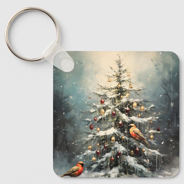 Rustic Winter Christmas Tree Snowy Red Birds  Key Ring (Front)