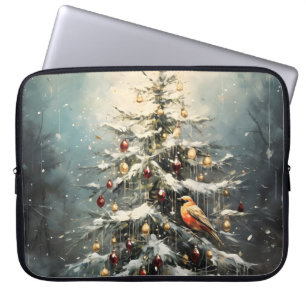 Rustic Winter Christmas Tree Snowy Red Birds Laptop Sleeve