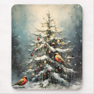 Rustic Winter Christmas Tree Snowy Red Birds Mouse Pad