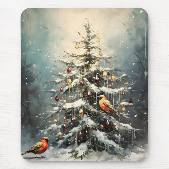 Rustic Winter Christmas Tree Snowy Red Birds  Mouse Pad (Front)