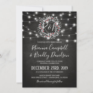 Rustic Winter Christmas Wreath Lights Wedding Invitation