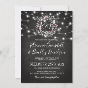 Rustic Winter Christmas Wreath Lights Wedding Invitation