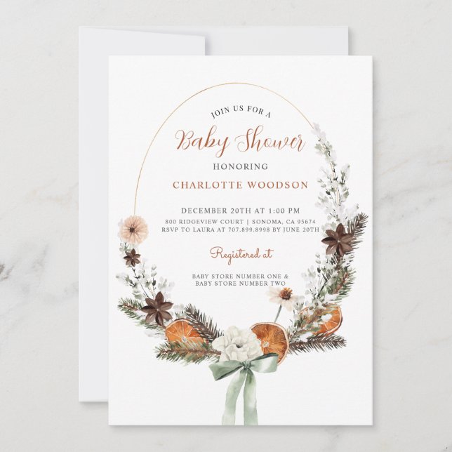 Rustic Winter Citrus Pine Baby Shower Invitation (Front)