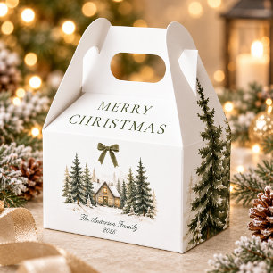 Rustic Winter Cottage Merry Christmas Olive Green Favour Box