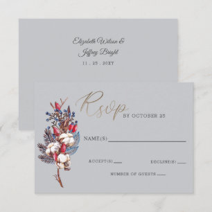 Rustic Winter Cotton Blue Red Berries Wedding RSVP Card