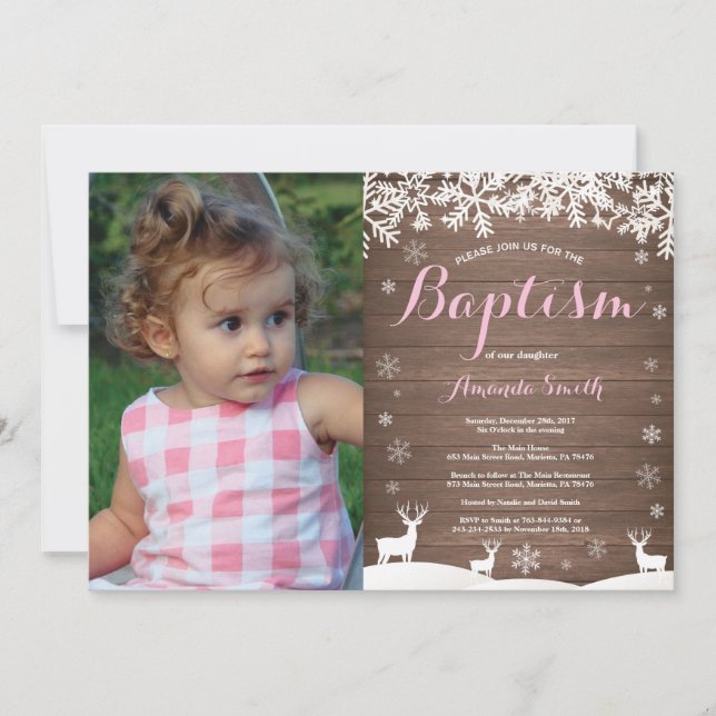 Rustic Winter Deer Baptism Girl Photo Invitation (Front)