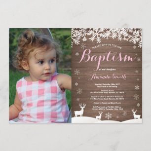 Rustic Winter Deer Baptism Girl Photo Invitation