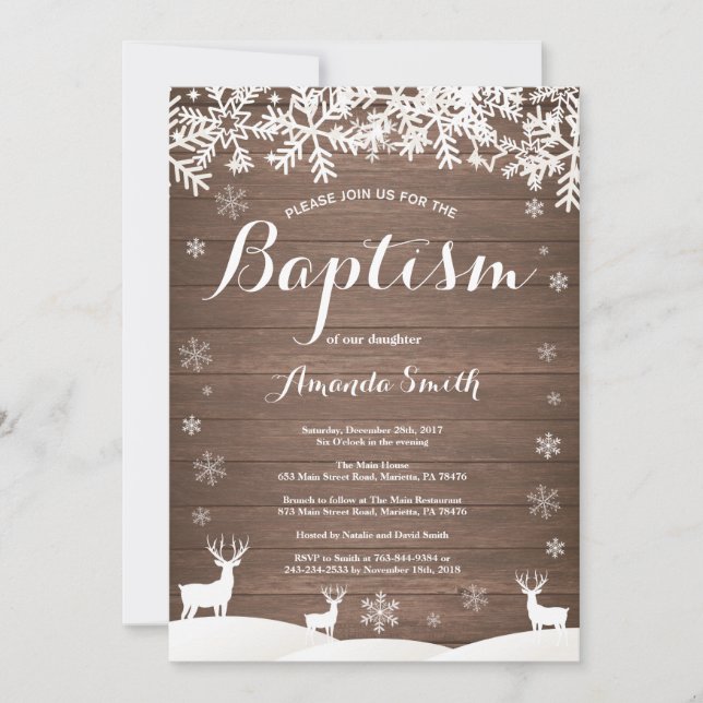Rustic Winter Deer Baptism Invitation (Front)