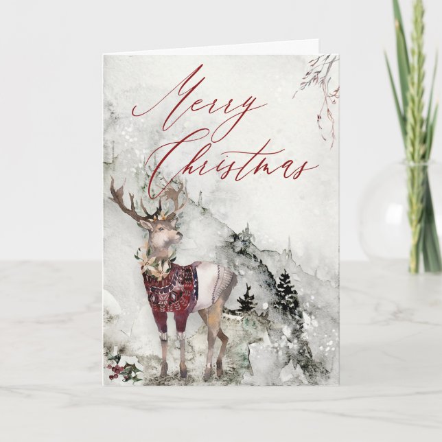 Rustic Winter Deer in Snow Watercolor Christmas Card (Front)