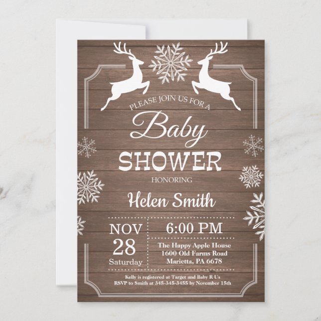 Rustic Winter Deer Snowflake Baby Shower Invitation (Front)