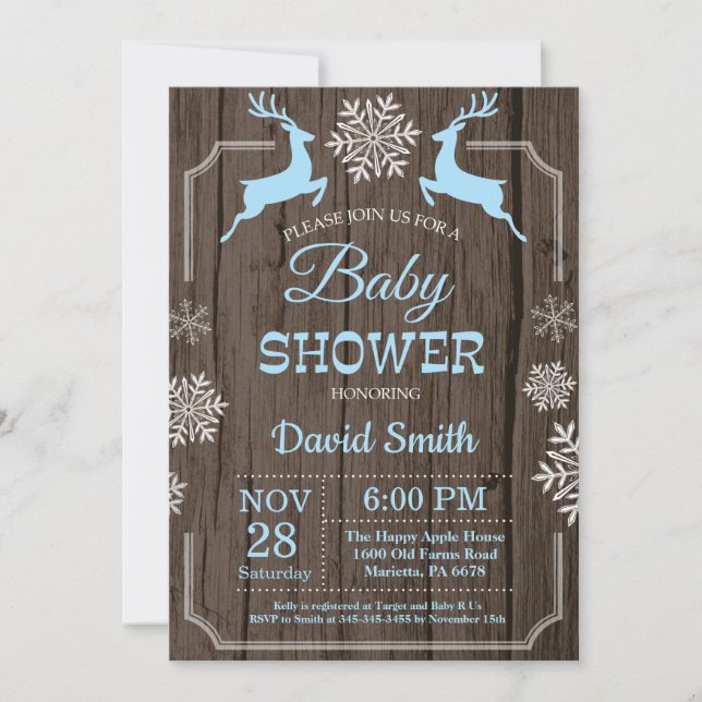 Rustic Winter Deer Snowflake Boy Baby Shower Invitation (Front)