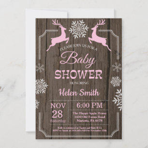 Rustic Winter Deer Snowflake Girl Baby Shower Invitation