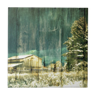 Rustic winter evergreen old barnwood cottage cabin ceramic tile