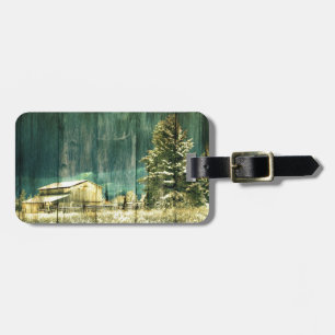 Rustic winter evergreen old barnwood cottage cabin luggage tag