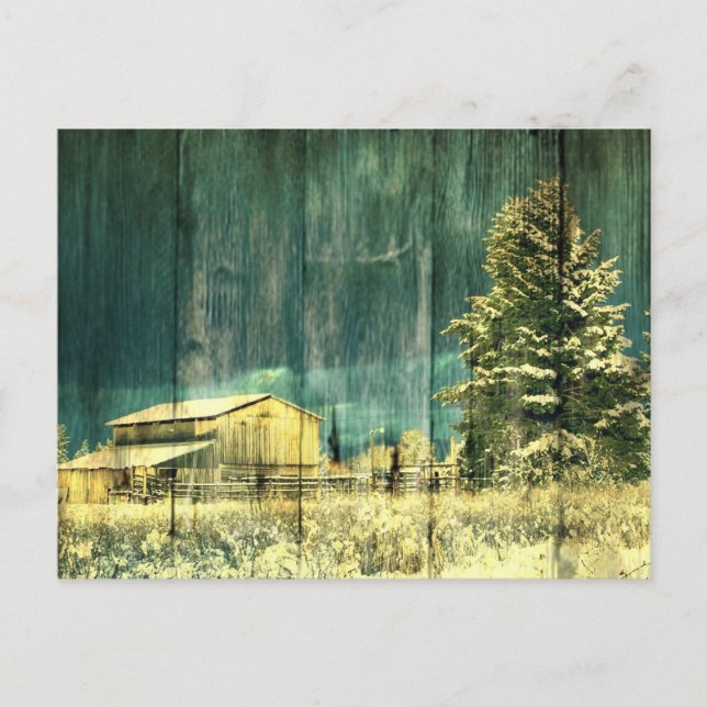 Rustic winter evergreen old barnwood cottage cabin postcard (Front)