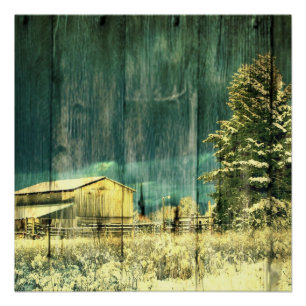 Rustic winter evergreen old barnwood cottage cabin poster