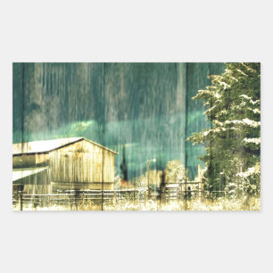 Rustic winter evergreen old barnwood cottage cabin rectangular sticker