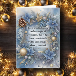 Rustic Winter Flora Wreath Bible Verse Blue Gold Holiday Card