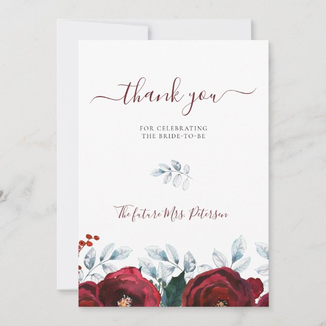 Rustic winter floral bridal shower thank you (Front)