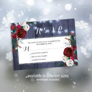 Rustic winter floral elegant red navy wedding RSVP Card