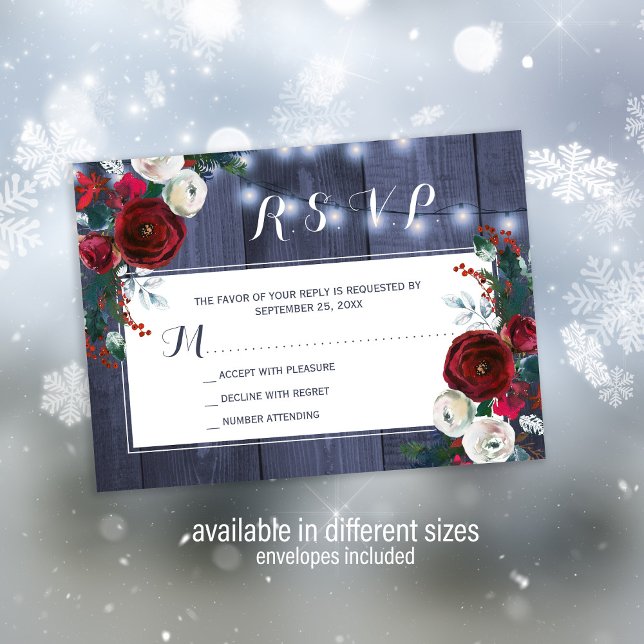 Rustic winter floral elegant red navy wedding RSVP Card (Creator Uploaded)