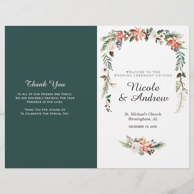 Rustic Winter Floral Folded Wedding Program (Front)